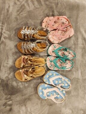 Girls' Metallic Silver Flower Strap Sandals And Flip Flop Bundle